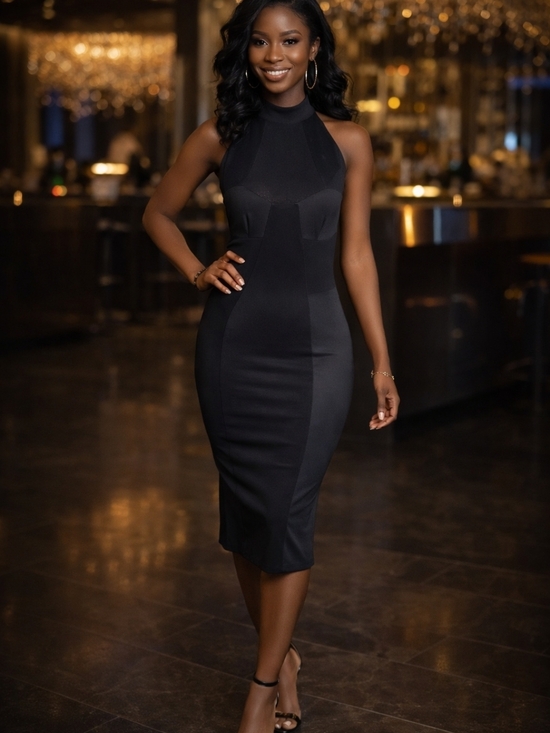 The Unbranded Brand Dresses & Skirts - High-Neck Black Midi Bodycon Dress - Sleek Evening Style